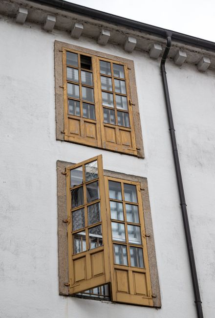 Exterior view of a traditional building facade featuring wooden windows and stone frames.