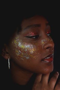 Close-up of a young woman with glittery makeup in São Bernardo do Campo, Brazil.