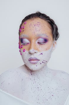 A mesmerizing studio portrait showcasing artistic face painting with bold colors and textures.