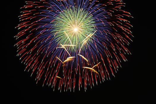 Vibrant multicolored fireworks burst illuminating the night sky. Perfect for festive, celebration themes.