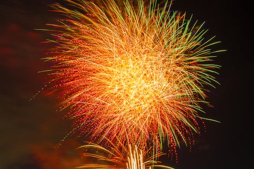 Vivid fireworks burst in a dazzling display against the night sky, creating a festive ambiance.