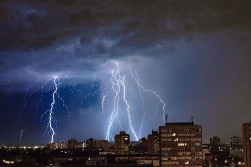 Free Captivating lightning bolts illuminate the night sky over Zagreb, Croatia, during a thunderstorm. Stock Photo