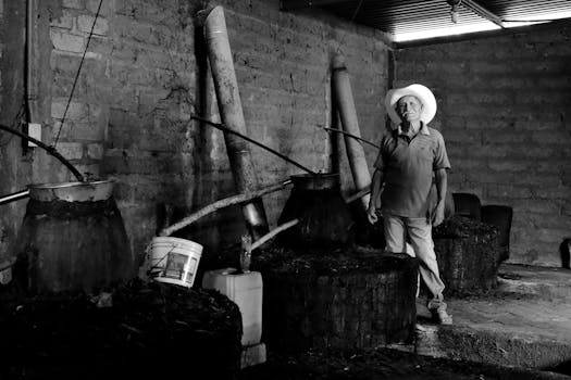 Elderly man in traditional hat stands by mezcal distillery in Oaxaca, Mexico.