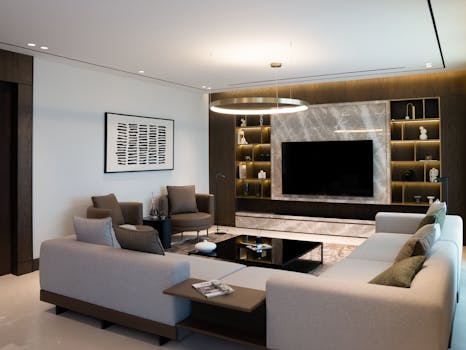 Elegant living room featuring modern furniture and minimalist design. Ideal for contemporary homes.