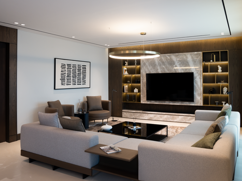 Free Elegant living room featuring modern furniture and minimalist design. Ideal for contemporary homes. Stock Photo