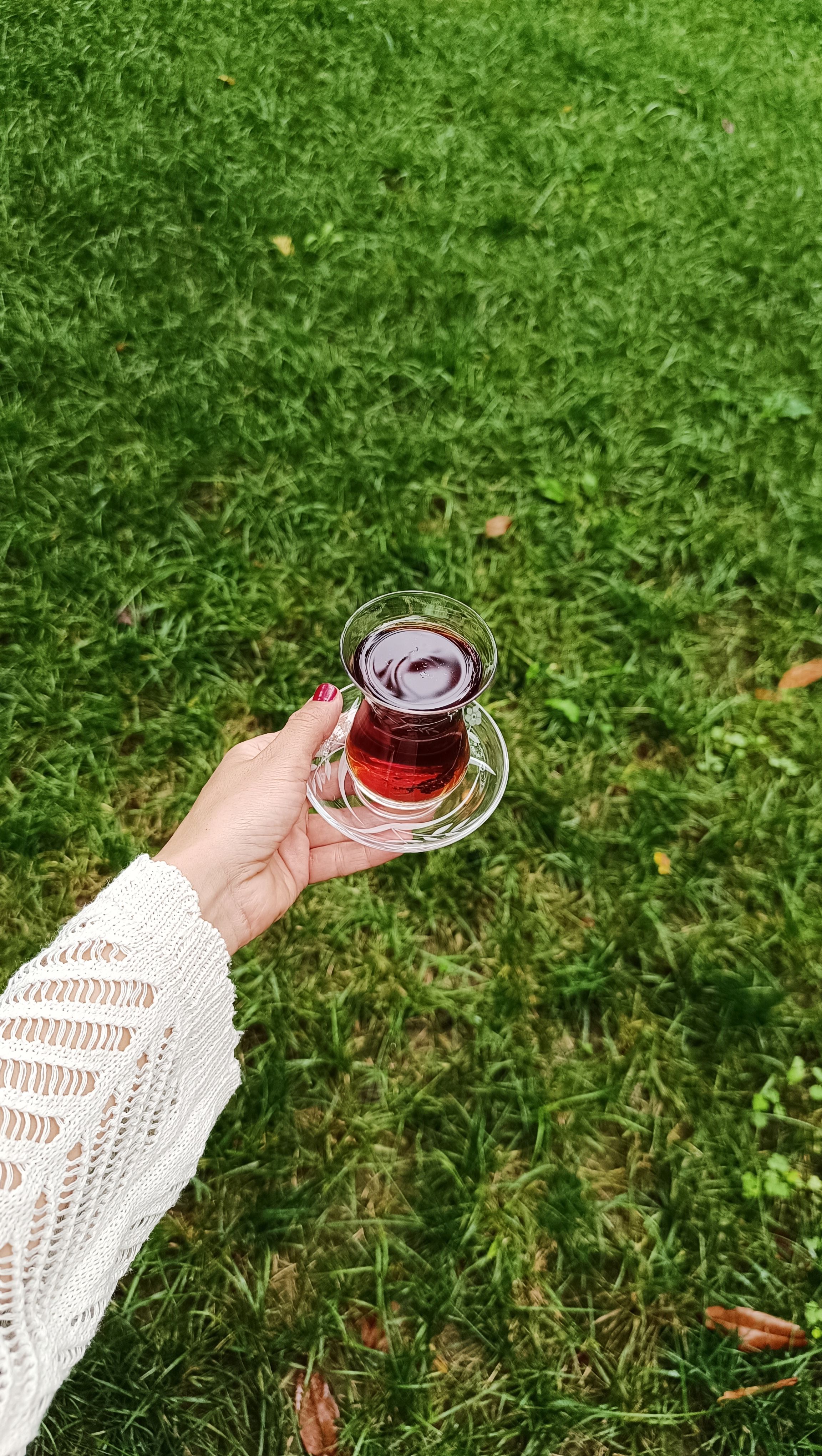 A woman's hand holding a tea glass in a grassy yard, emphasizing relaxation and outdoor leisure.
