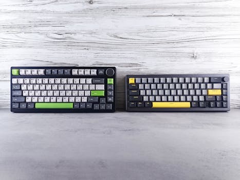 Two sleek mechanical keyboards with colorful accents on a wooden backdrop.