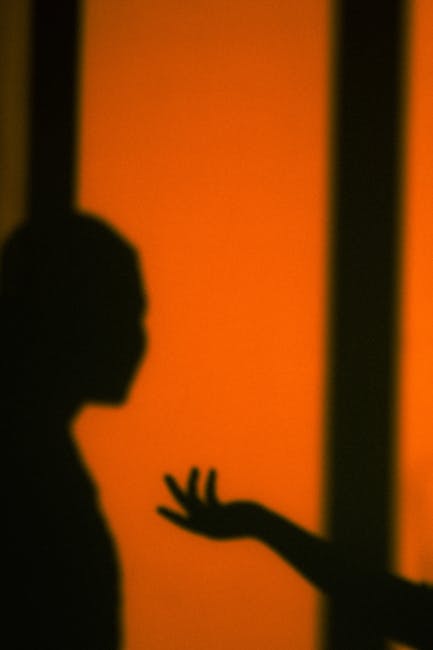 Artistic silhouette image with abstract shadow play and warm orange tones.