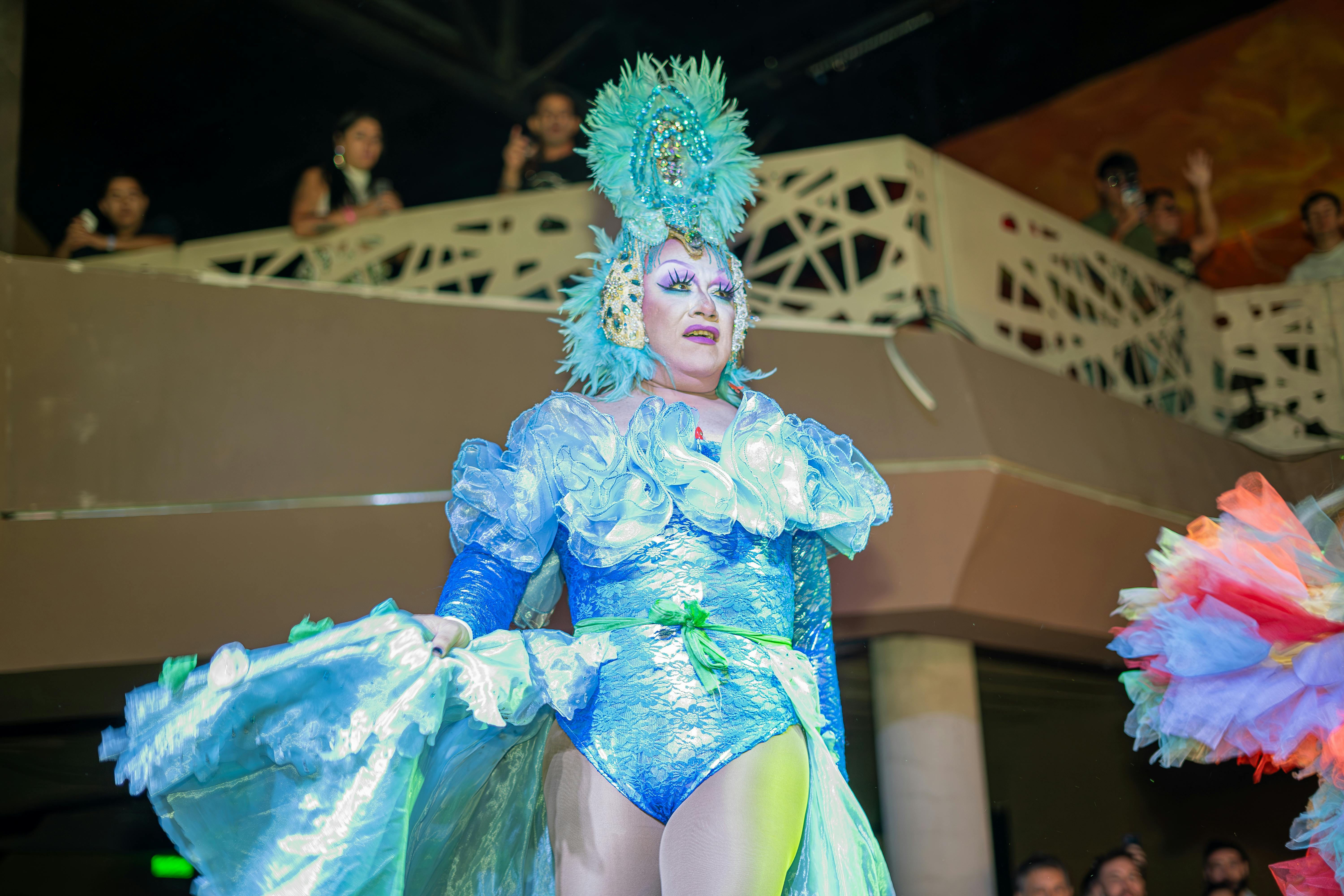 a woman in a costume with feathers and a blue dress