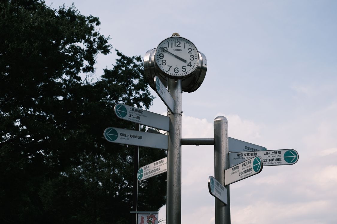A clock on a pole with street signs · Free Stock Photo