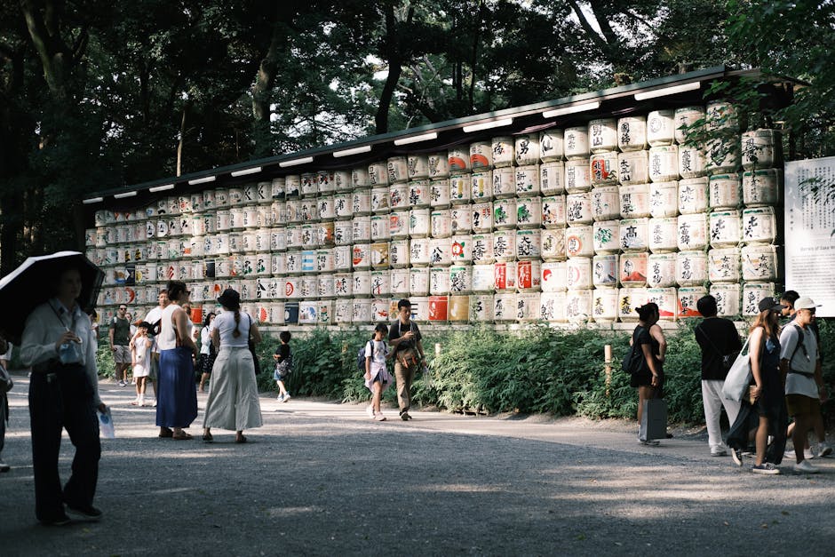 Visitors at Shinto shrine admire traditional sake barrel display outdoors.