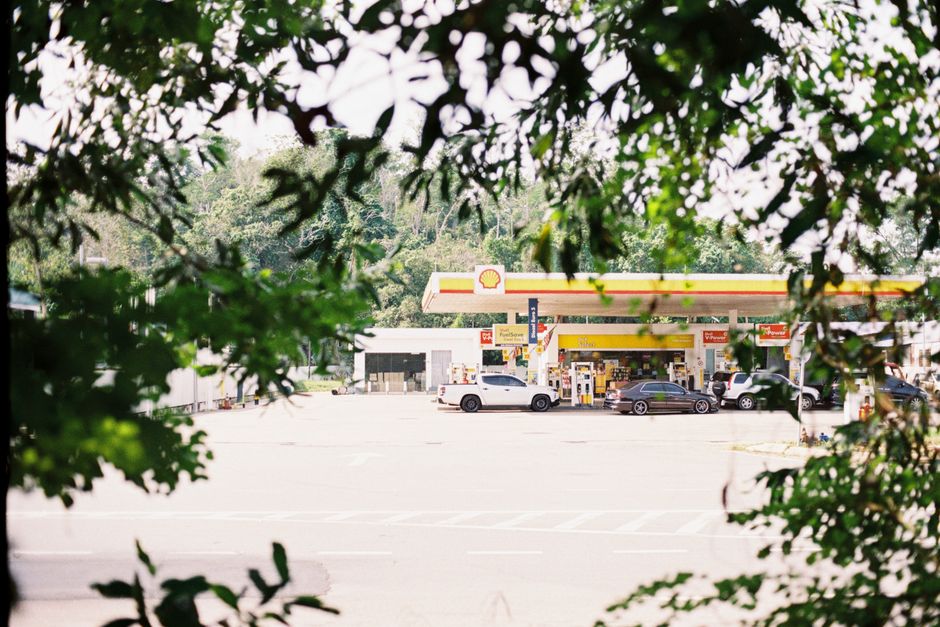 A Shell gas station with parked cars, framed by greenery, on a sunny summer day.