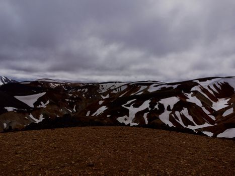 A captivating view of Icelandic highlands under cloudy skies with contrasting snow patches.