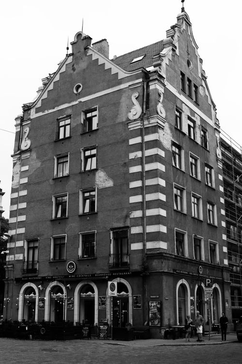 Free Black and white photo of a historic architectural building in Old Riga, Latvia. Stock Photo