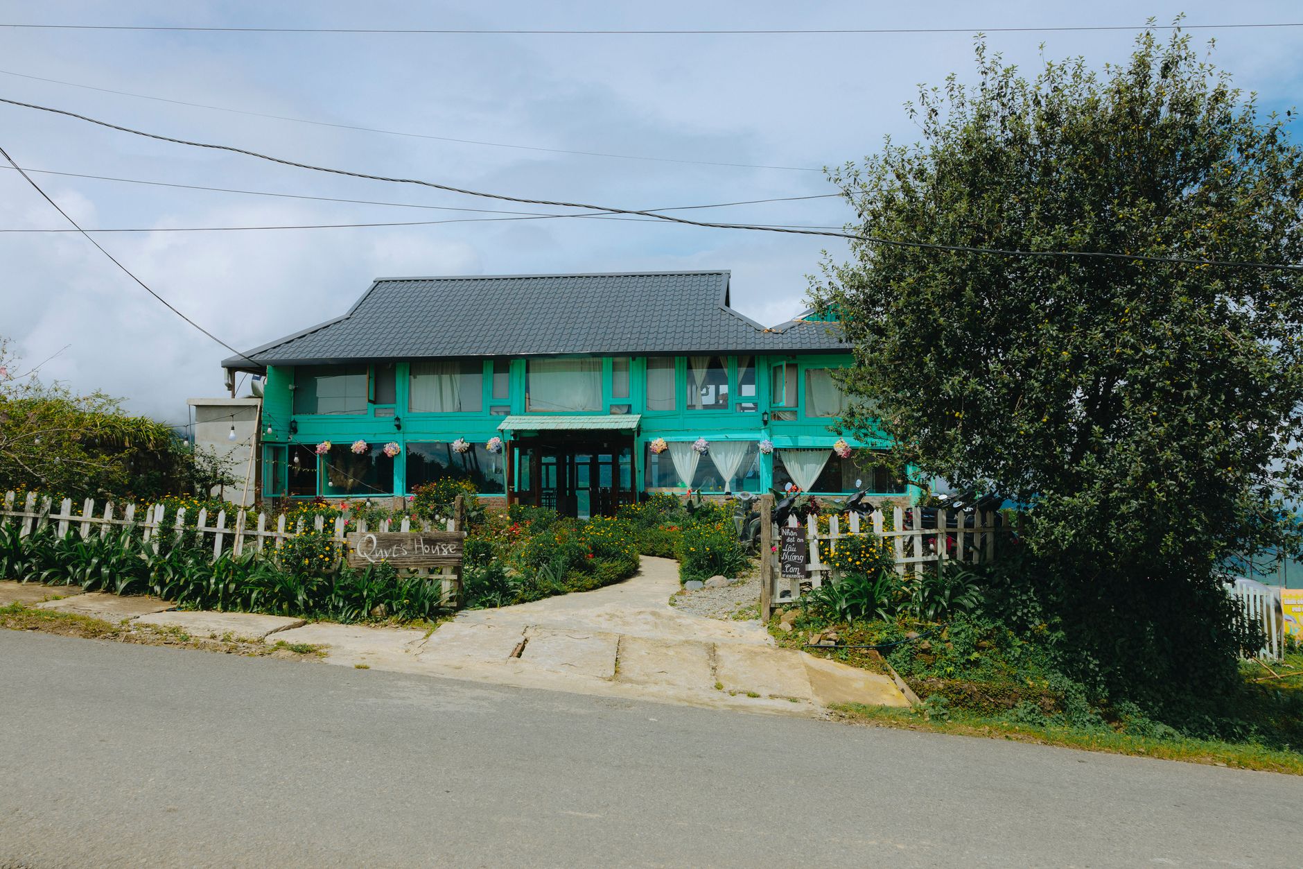 Vibrant green guest house surrounded by lush greenery and a serene road setting.