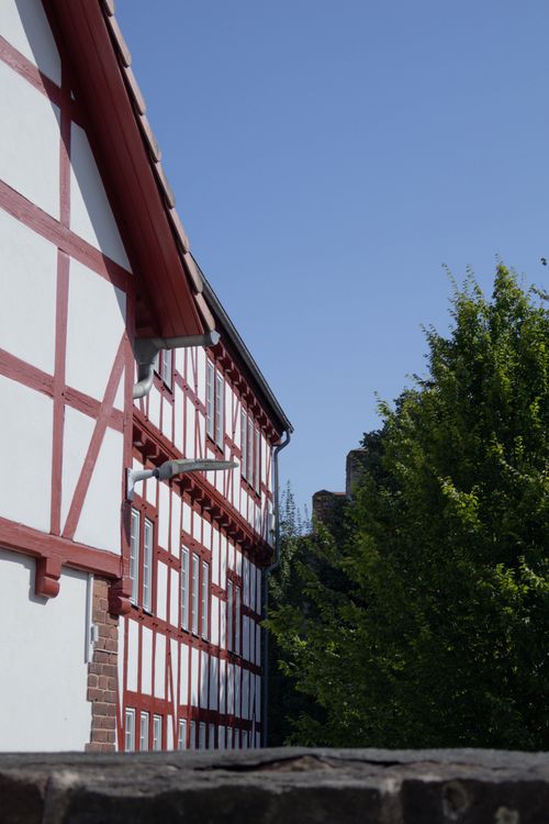 Free Traditional half-timbered house with lush greenery against a clear blue sky. Ideal for travel and architecture themes. Stock Photo
