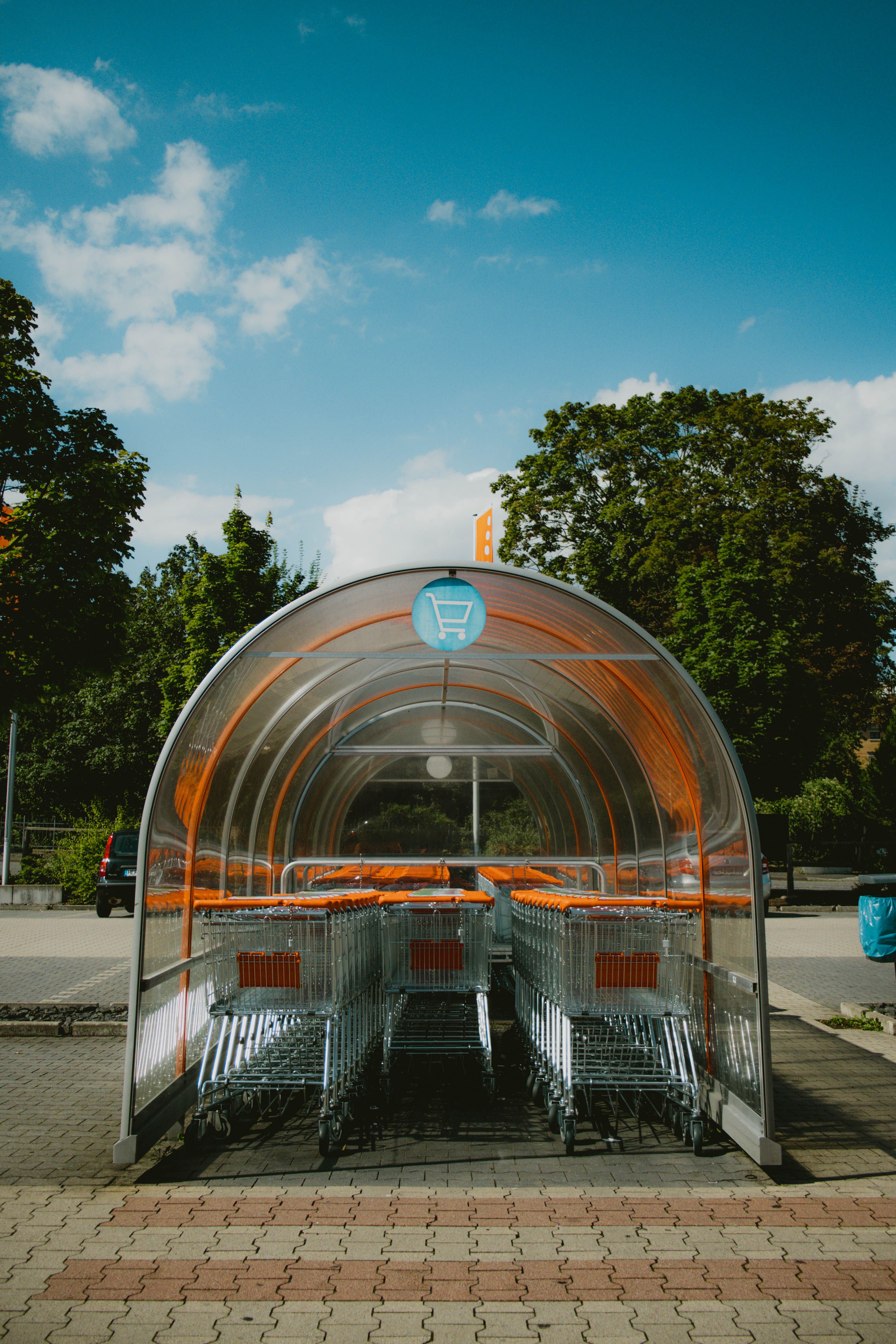 Outdoor shopping cart shelter with rows of empty carts on a sunny day.