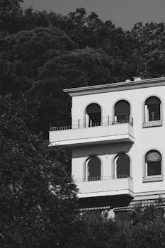 A black and white image of a secluded mansion surrounded by lush trees.