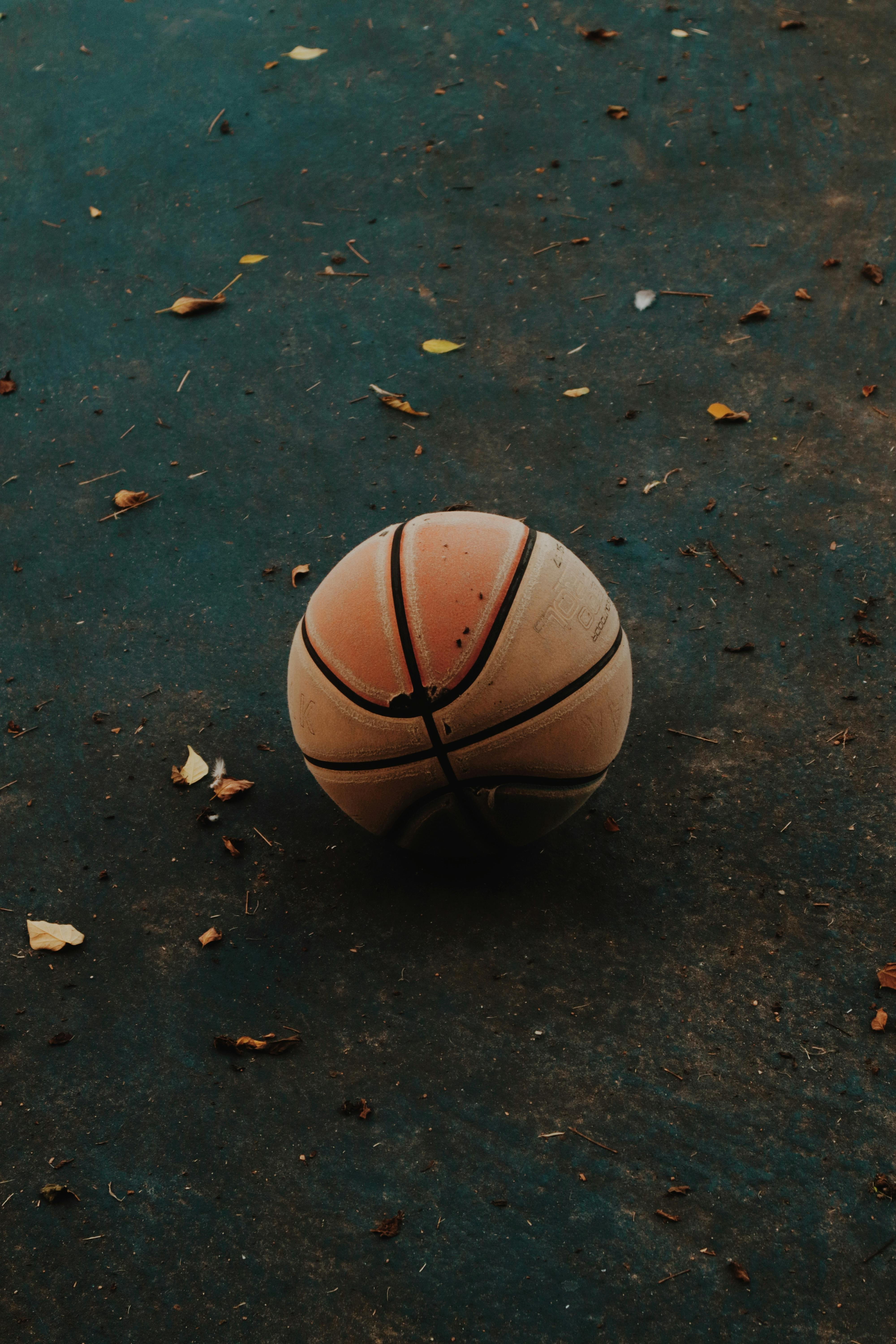 a basketball ball on the ground with leaves