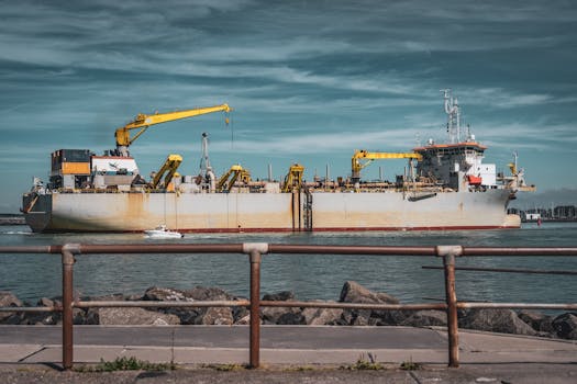 A large cargo ship with cranes docked at Rostock harbor on a sunny day, showcasing maritime logistics.