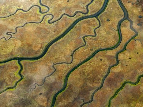 An aerial view of a river and its banks