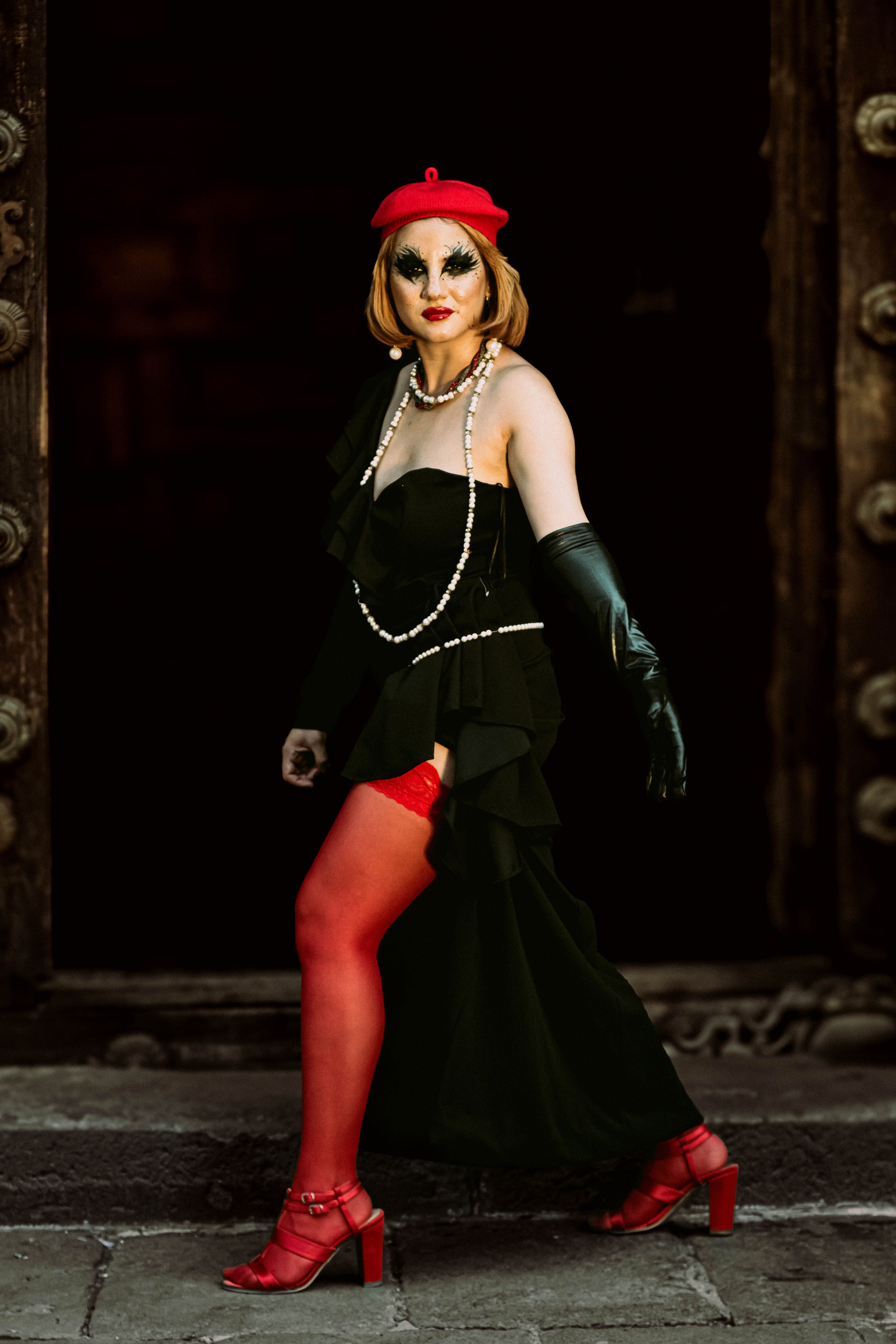 black dress red accessories Gothic Black and Red Dress + Cardigan + Accessories – Belchic main image 0
