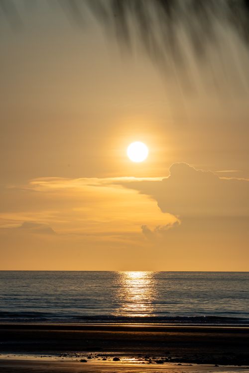 Free A serene beach scene with a golden sunset reflecting on the ocean water, capturing a warm and peaceful moment. Stock Photo