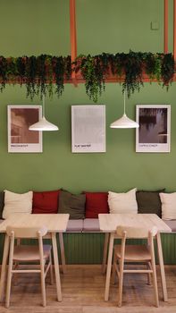 Café interior with light wood furniture, green walls, and hanging plants for a cozy vibe.