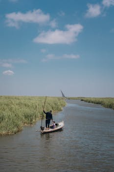 A serene scene of a fisherman on a river in Kafr El-Shaikh, Egypt, under a clear blue sky.