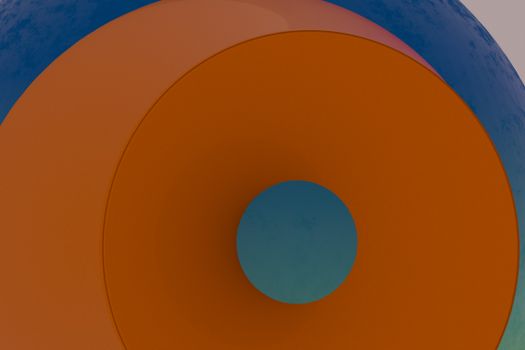 Vibrant 3D abstract art featuring circular shapes in orange and blue tones, ideal for modern designs.