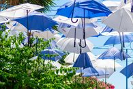 Colorful umbrellas in a creative outdoor display in Tunis, Tunisia.