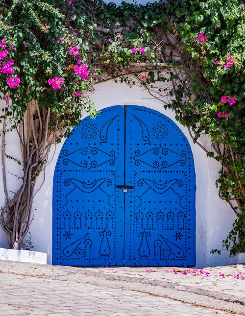 Free A beautiful blue door adorned with flowers in Carthage, Tunisia, showcasing traditional design. Stock Photo