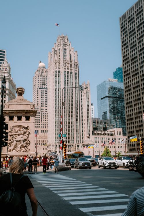 Free Stunning view of the Tribune Tower and bustling Chicago city street. Stock Photo