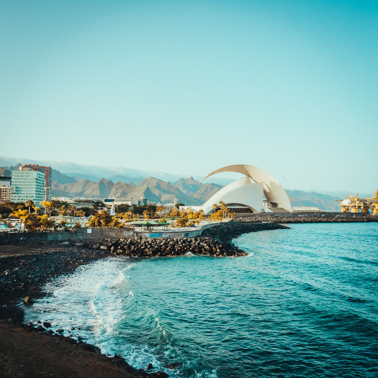 Scenic view of Auditorio de Tenerife with ocean waves and city skyline, perfect for travel enthusiasts.