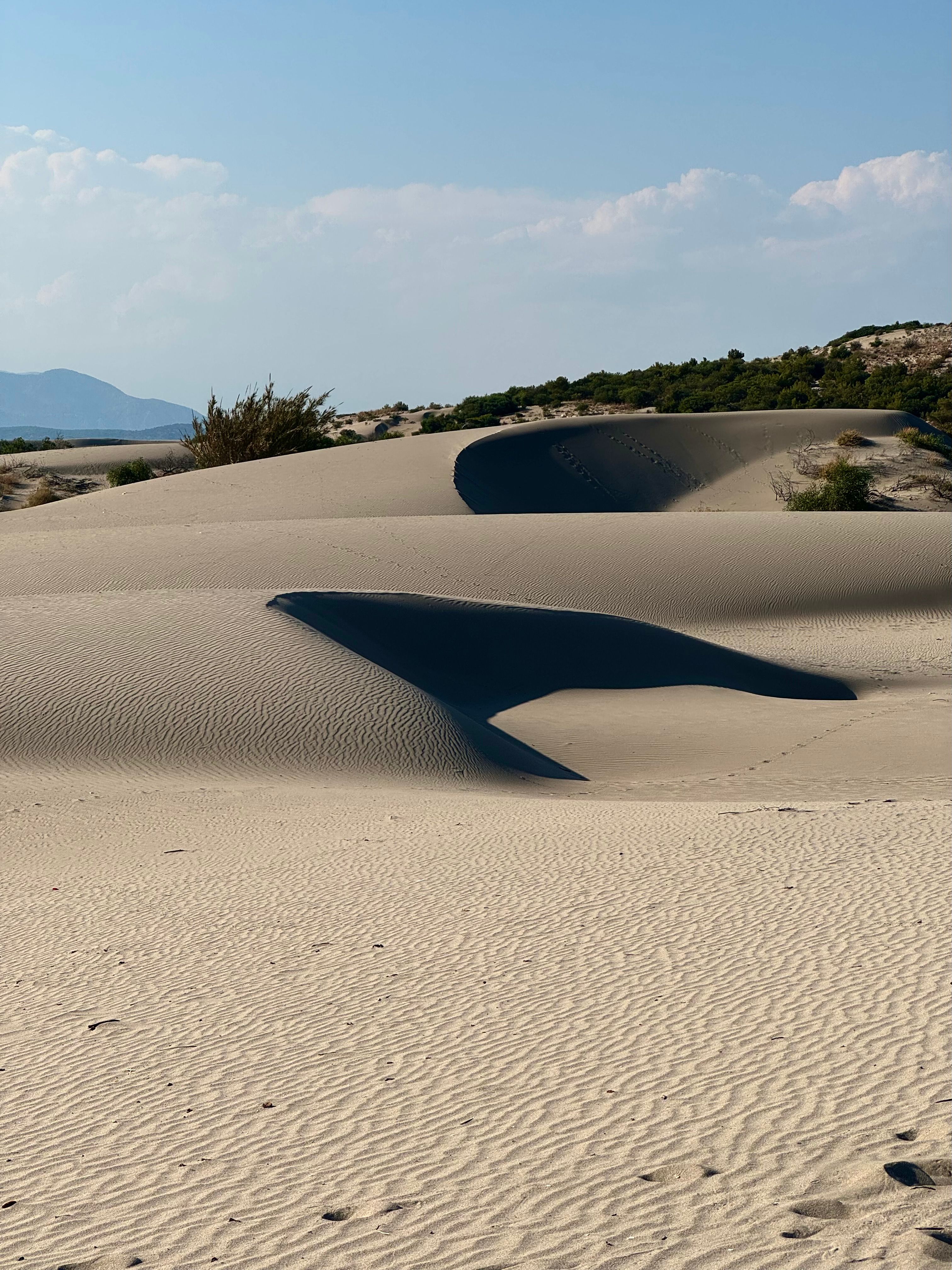 Explore the tranquil landscape of rolling sand dunes under a bright summer sky.