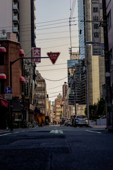 A quiet street in Tokyo featuring modern and traditional Japanese architecture.
