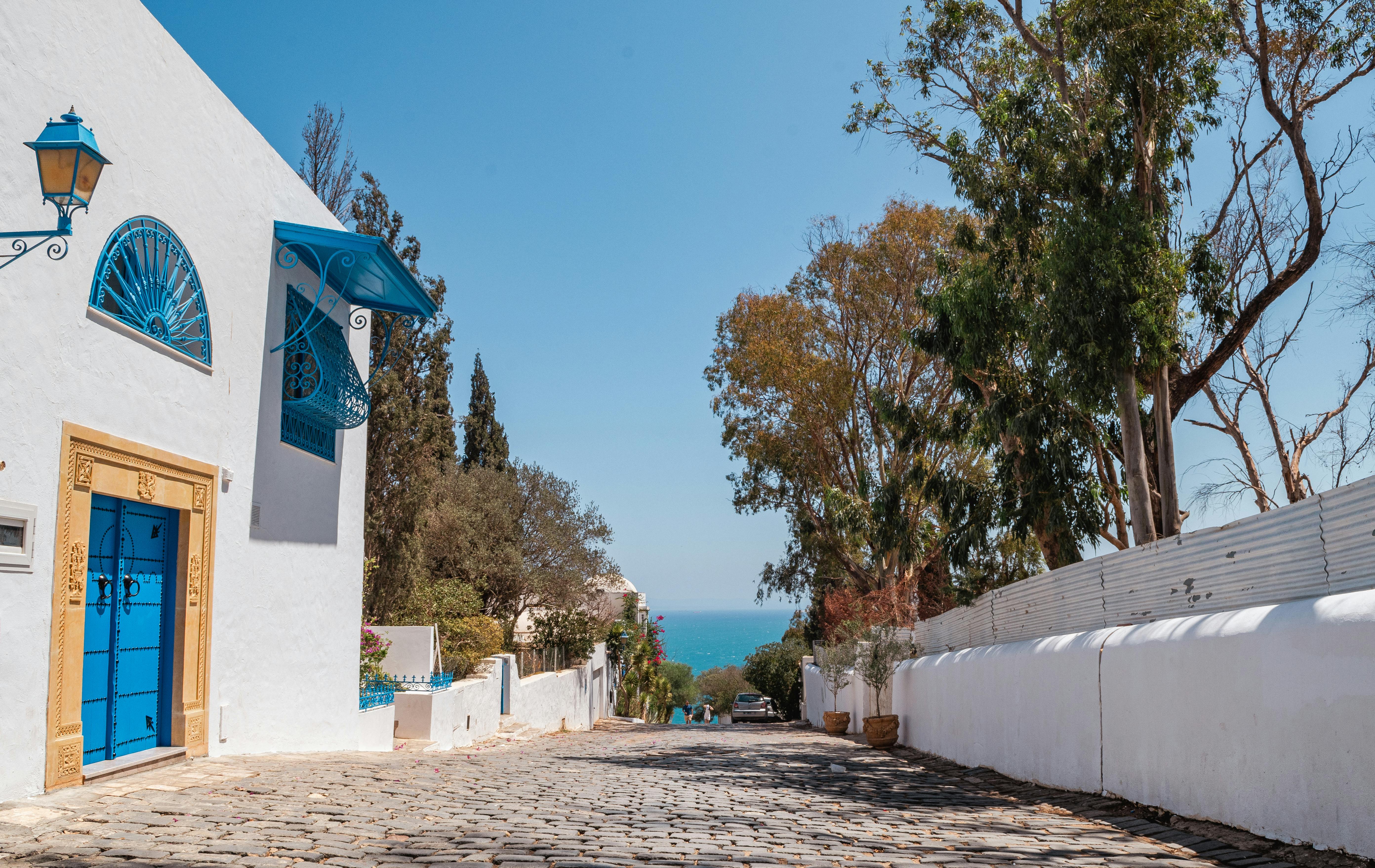 Beautiful Mediterranean street view in Carthage, Tunisia with blue sky and architecture. - Sidi Bou Said