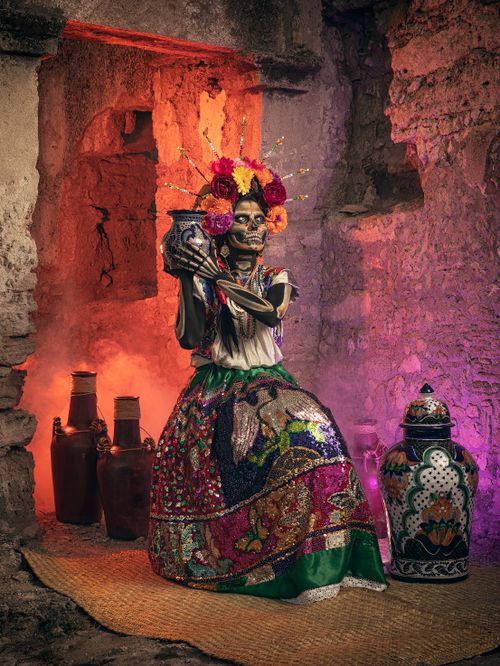 Free Vibrant La Catrina adorned in sequins, celebrating Day of the Dead in Puebla, Mexico. Stock Photo