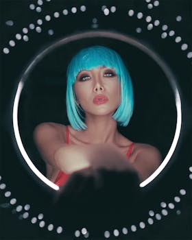 一位留着鲜艳蓝发的时尚年轻女子，摆出姿势的特写肖像