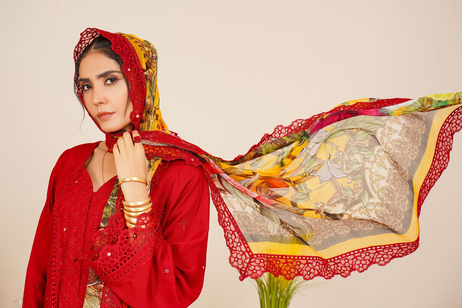 A beautiful South Asian woman in traditional Pakistani dress posing indoors.
