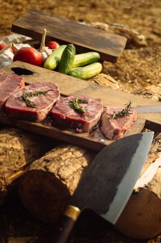 Sliced meat on a wooden board with vegetables, ready for cooking outdoors.