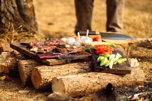 Free A rustic outdoor cooking setup featuring fresh sliced vegetables and grilled meat on logs. Stock Photo
