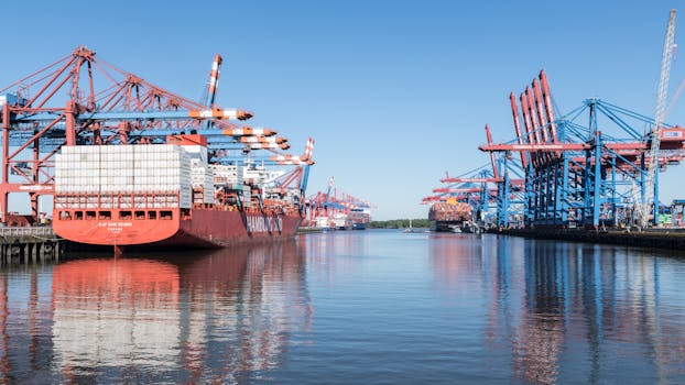 Container ships and cranes at Hamburg's bustling harbor on a clear day, showcasing industry and trade.