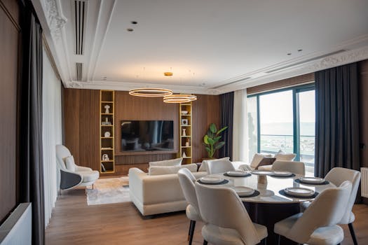 Spacious and luxurious modern living room with dining area, featuring sleek design and natural light.