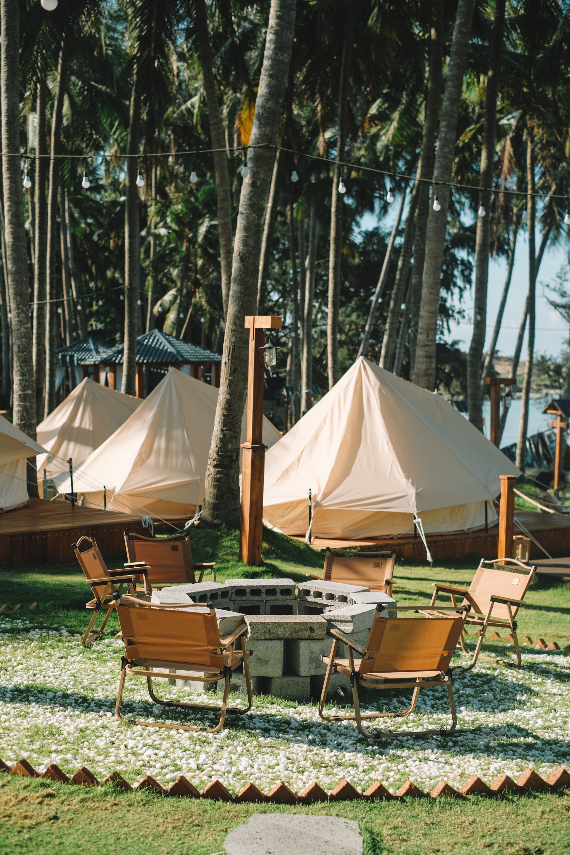 Cozy outdoor campsite with canvas tents, surrounded by palm trees in Phan Thiet, Vietnam.