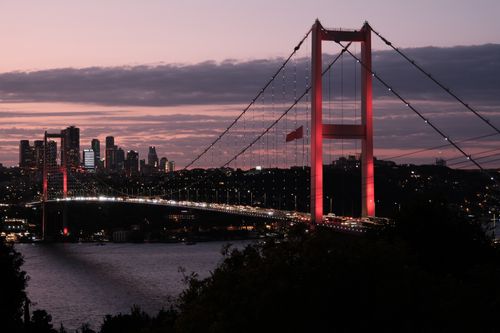 Free Stunning view of the Bosphorus Bridge in Istanbul at sunset, showcasing urban skyline. Stock Photo