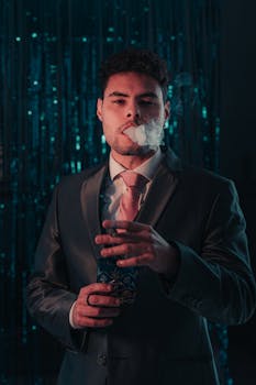 A fashionable man in a suit enjoys a night out with a drink and smoke.