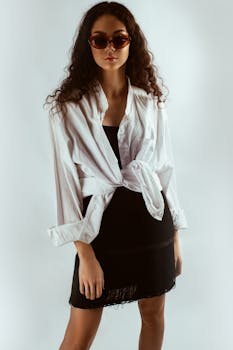 一位时髦的女士，留着卷发、戴着太阳镜，身着随意别致的服装，站在白色背景前