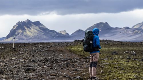 Free A lone backpacker explores the dramatic landscapes of Iceland's remote highlands. Stock Photo