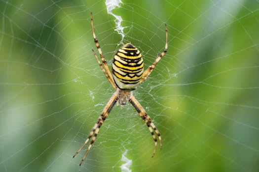 黄蜂蜘蛛在网上的特写镜头，展示了大自然中复杂的图案和细节